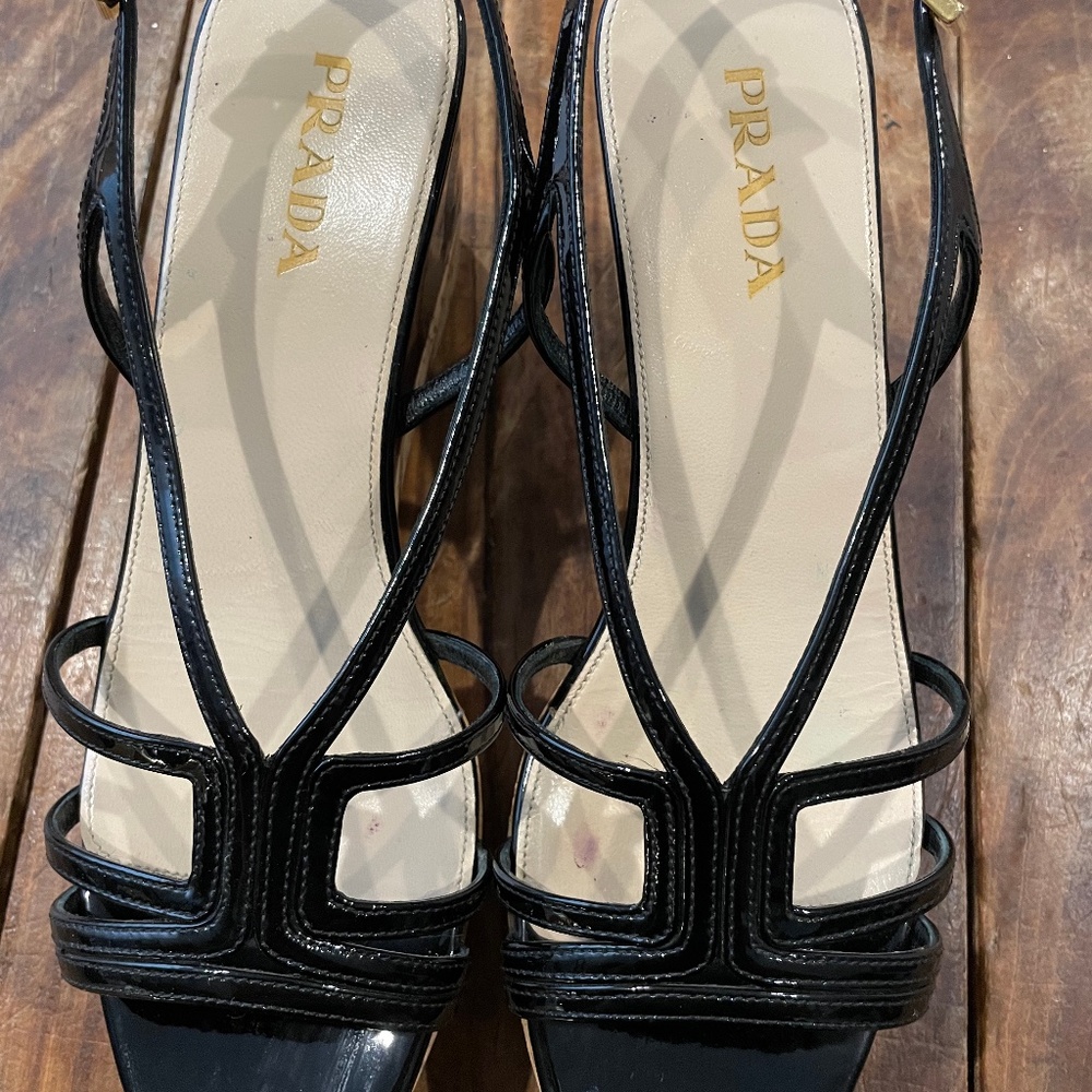 PRADA Black Patent Leather Open Toe Slingback Wedge Heel Strappy Sandals 8/38.5